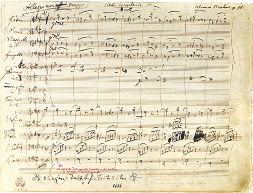 Partitura manuscrita del comienzo de la Cuarta Sinfonía de Brahms