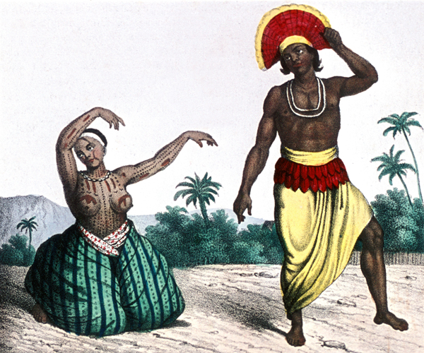 Bailarines polinesios. Litografía, 1830.