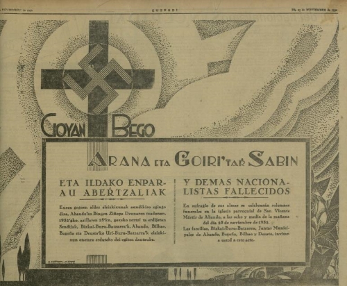 Convocatoria publicada en el periódico Euzkadi, portavoz del Partido Nacionalista Vasco, el 25 de noviembre de 1932, aniversario de la muerte de Sabino Arana, fundador del PNV.