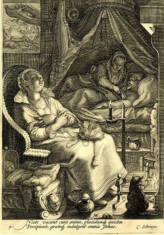 Jan Saenredam a partir de Hendrik Goltzius, Noche (ca. 1595). Un dormitorio con una pareja en una cama bajo un dosel, una criada dormida en una silla delante de la chimenea y un bebé en una cuna.