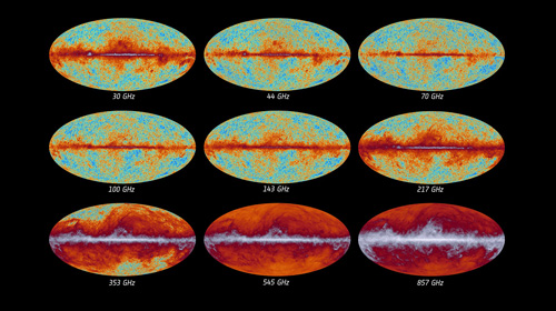 Mapas del universo registrados por Planck a nueve frecuencias durante sus primeros quince meses y medio de observaciones 