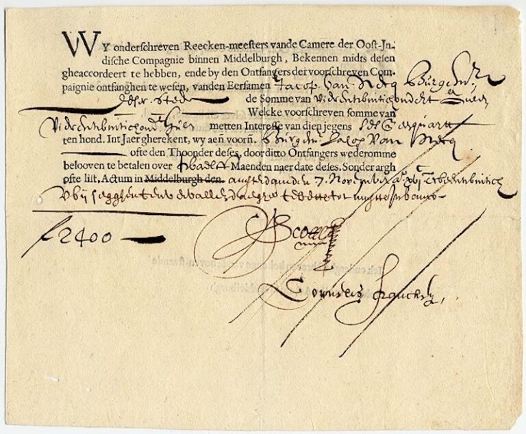 Contrato de la Compañía Neerlandesa de las Indias Orientales, emitido en 1623. Imagen de Wikimedia