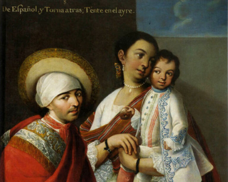 Pintura de Castas, 8. De español y torna atrás – Tente en el aire. Miguel Cabrera, 1763. Imagen de Wikimedia