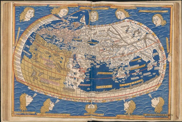 Mapa impreso del siglo XV que representa la descripción de Ptolomeo de la Ecumene por Johannes Schnitzer (1482). Imagen de Wikimedia