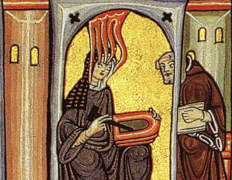 Iluminación de la propia Hildegard von Bingen, en la que recibe la inspiración divina y la pasa a su escriba, ca. 1115. Imagen de WIkimedia