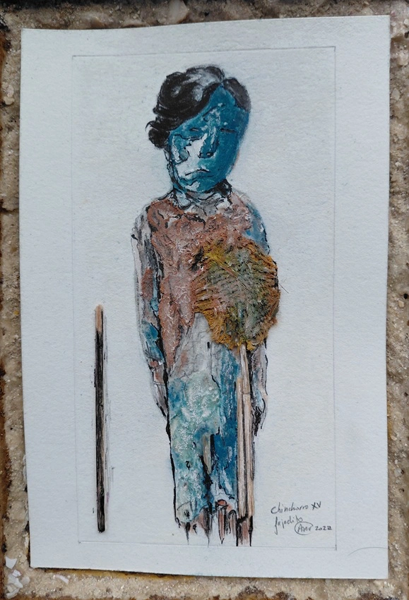 Chinchorro XV. Serie Momias. Cultura Chinchorro. Técnica mixta, dibujo policromado. Papel, madera y tela sobre base de restos de conchas. Aser Ángel Fernández Rey, 2022. Imagen de Nair Romero.