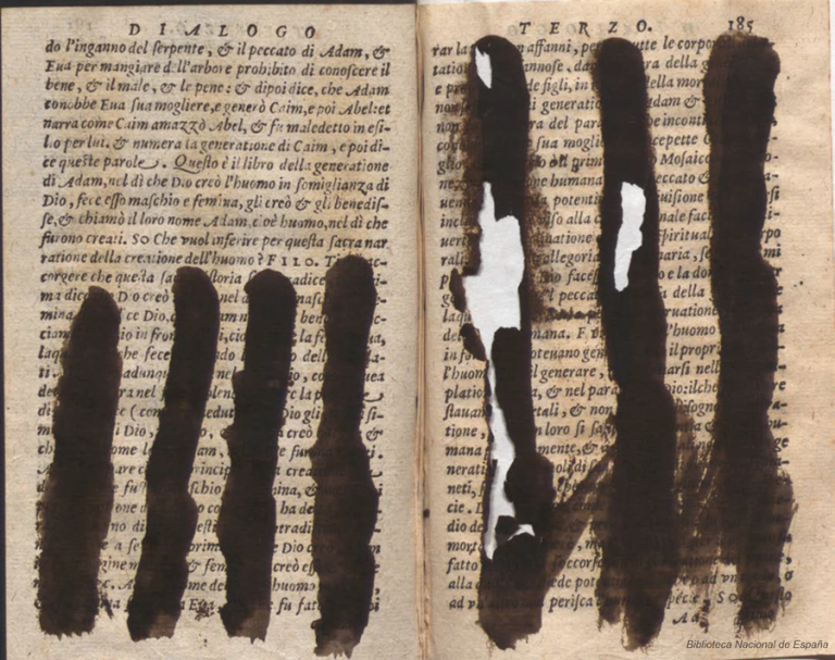 Expurgación con pinceles de una obra de León Hebreo, 1586. Biblioteca Nacional