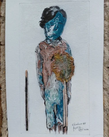 Chinchorro XV. Serie Momias. Cultura Chinchorro. Técnica mixta, dibujo policromado. Papel, madera y tela sobre base de restos de conchas. Aser Ángel Fernández Rey, 2022. Imagen de Nair Romero.
